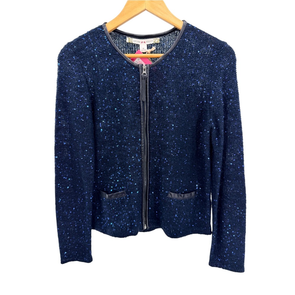Chelsea & Violet Navy Sequin Tweed Jacket M NWT Quiet Luxury Sparkle Party Zip